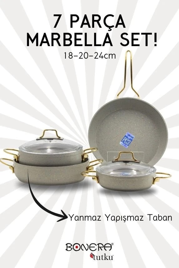 Marbella Nardo Gri 7 Parça Granit Tencere & Tava Seti - Gold Kulp Detaylı