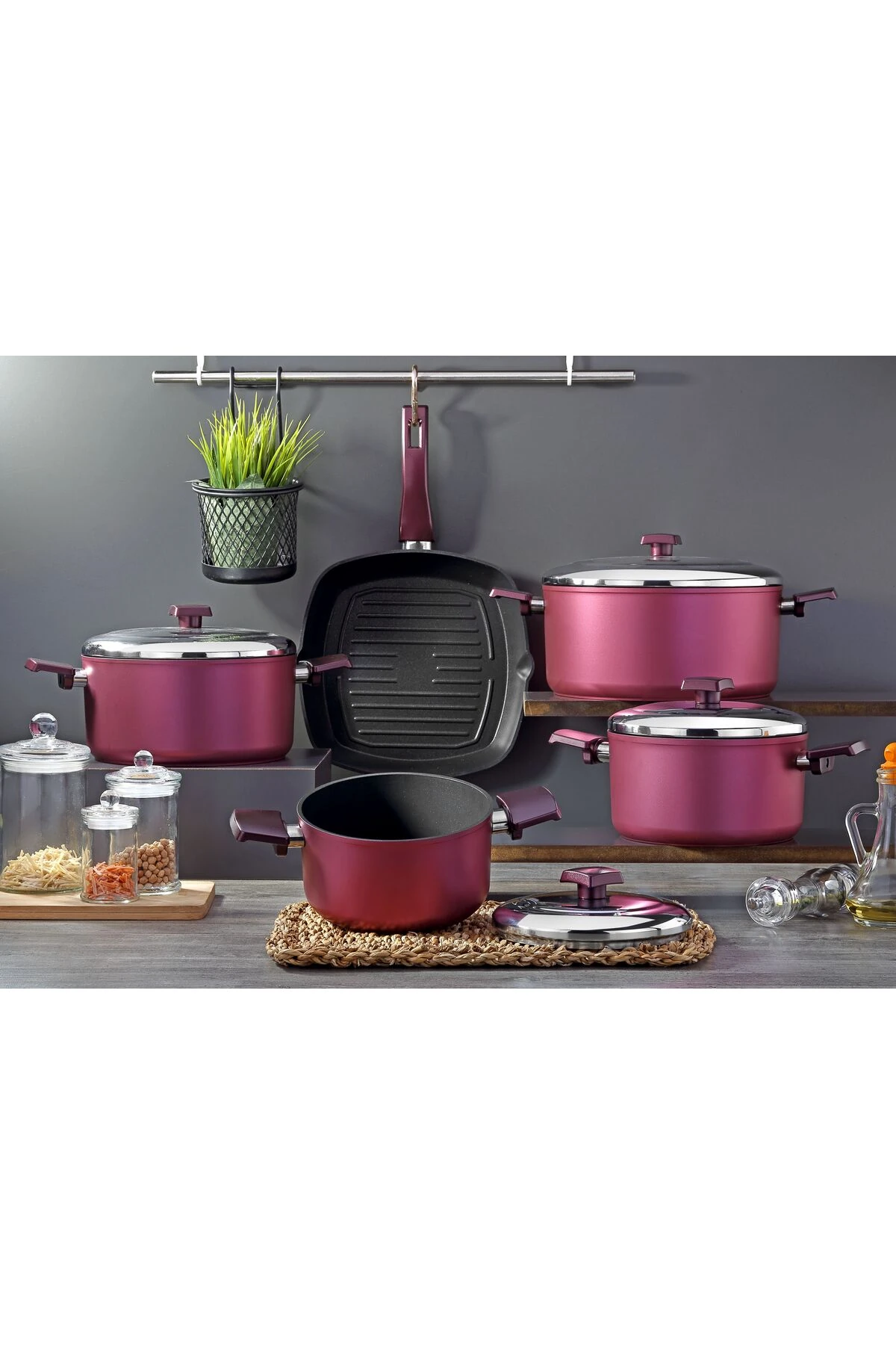 Atlas 9 Parça Eflatun Titanyum Tencere & Tava Seti