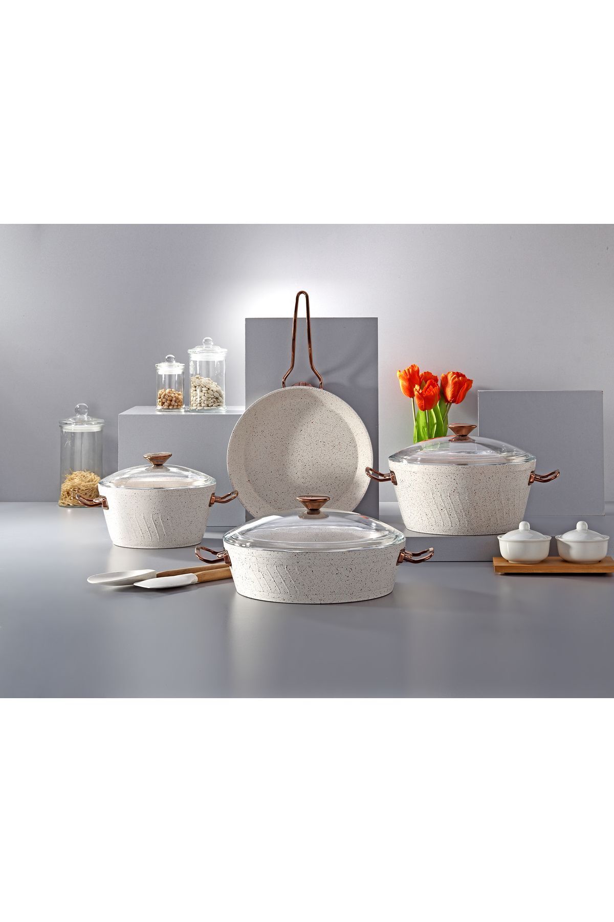 Milena 7 Parça Kar Beyazı Granit - Rose Gold Kulp Detaylı Tencere & Tava Seti