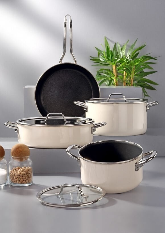 7 Parça Emaye Krem Lilium Set