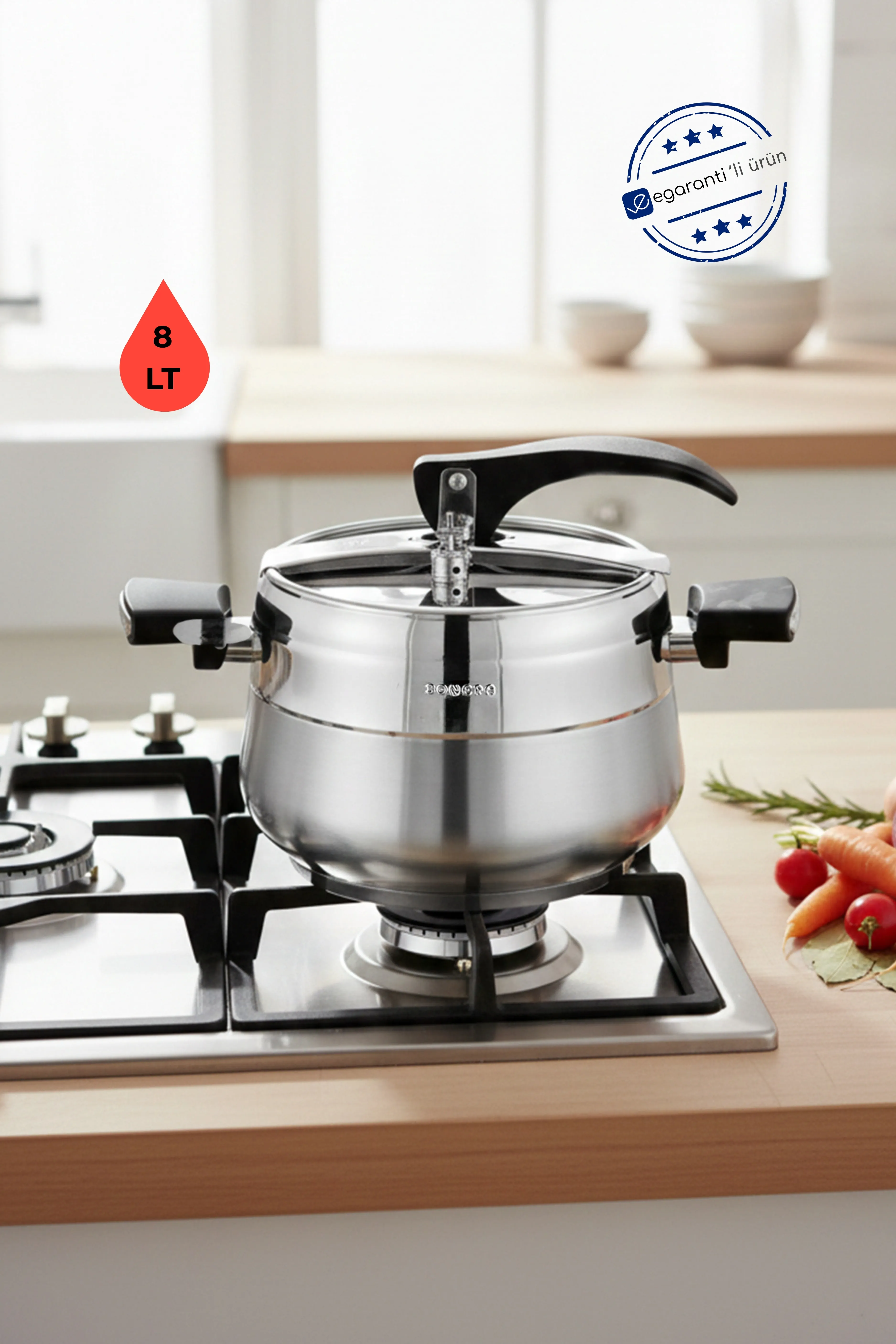 Bonera Special Paslanmaz Çelik Indüksiyon Tabanlı Cam Kapak Hediye 8 Lt Düdüklü Tencere