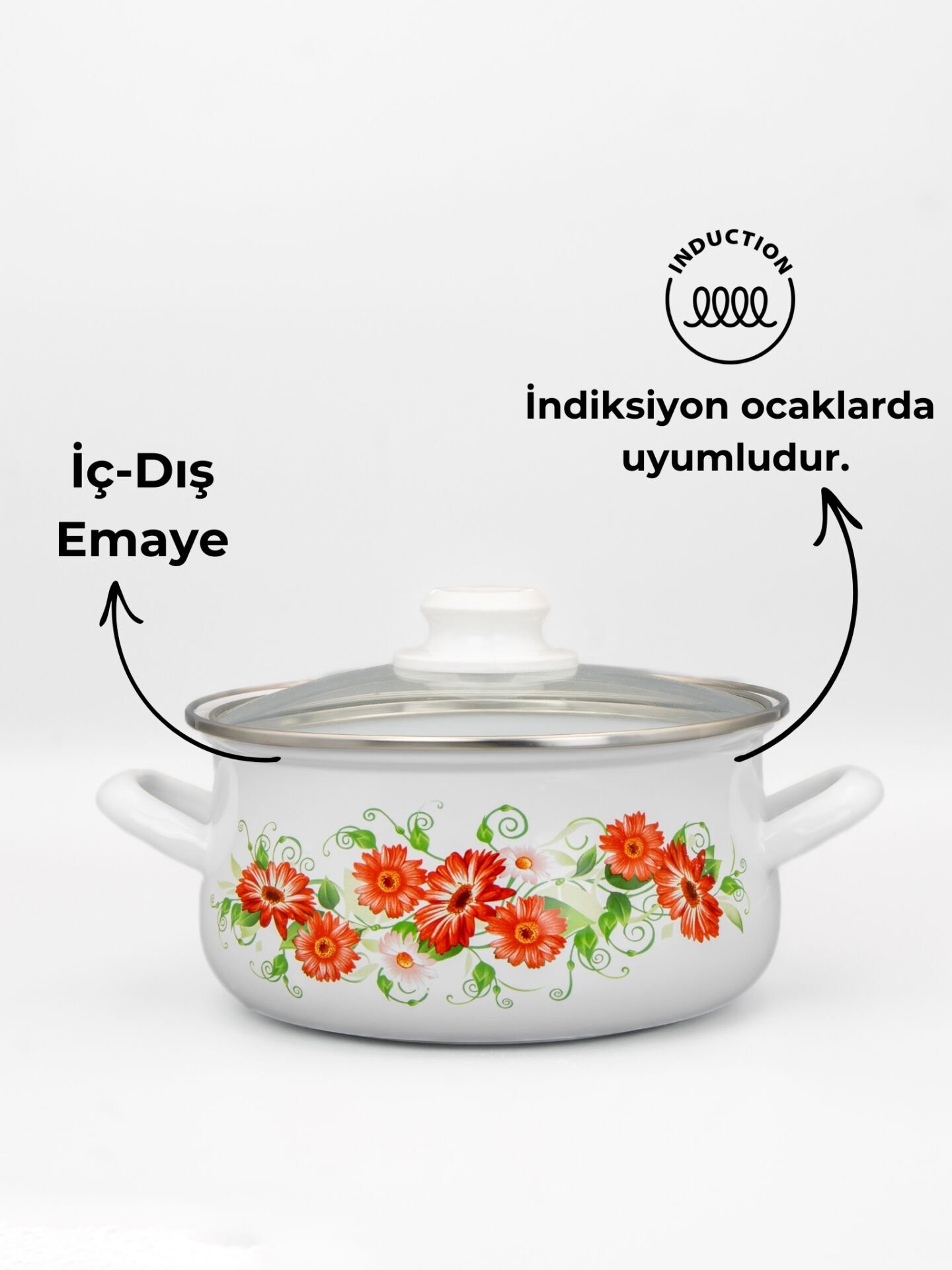 Bonera 16cm Çiçek Desenli Tekli Cam Kapaklı Emaye Güveç Tencere