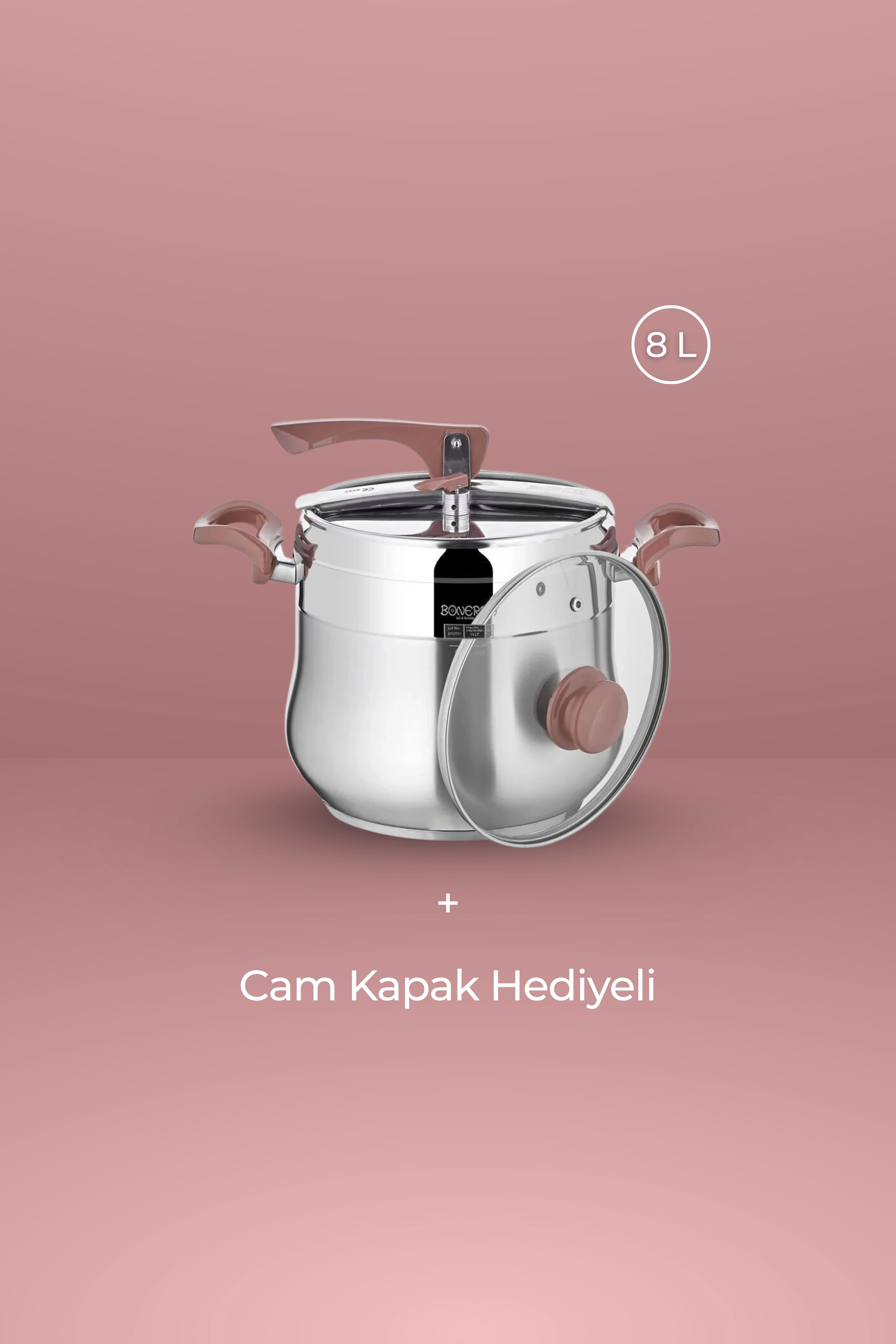 Bonera Special Paslanmaz Çelik Indüksiyon Tabanlı Cam Kapak Hediye 8 Lt Düdüklü Tencere