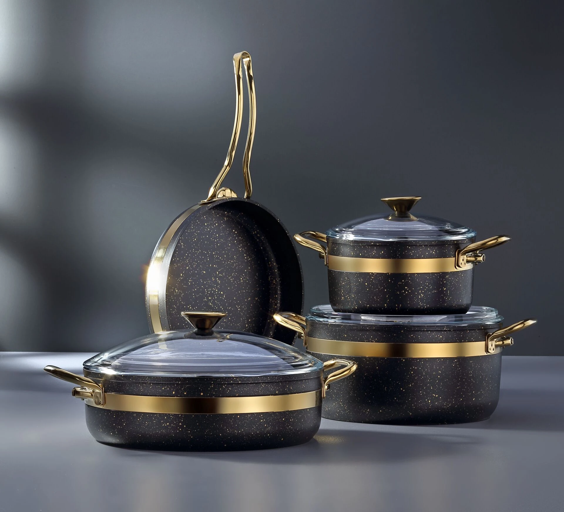 Nil 7 Parça Granit Tencere Seti Siyah - Gold