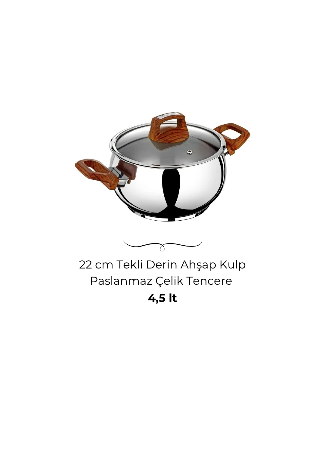 Bonera Lale 22cm Tekli Derin Ahşap Kulplu Paslanmaz Çelik Tencere