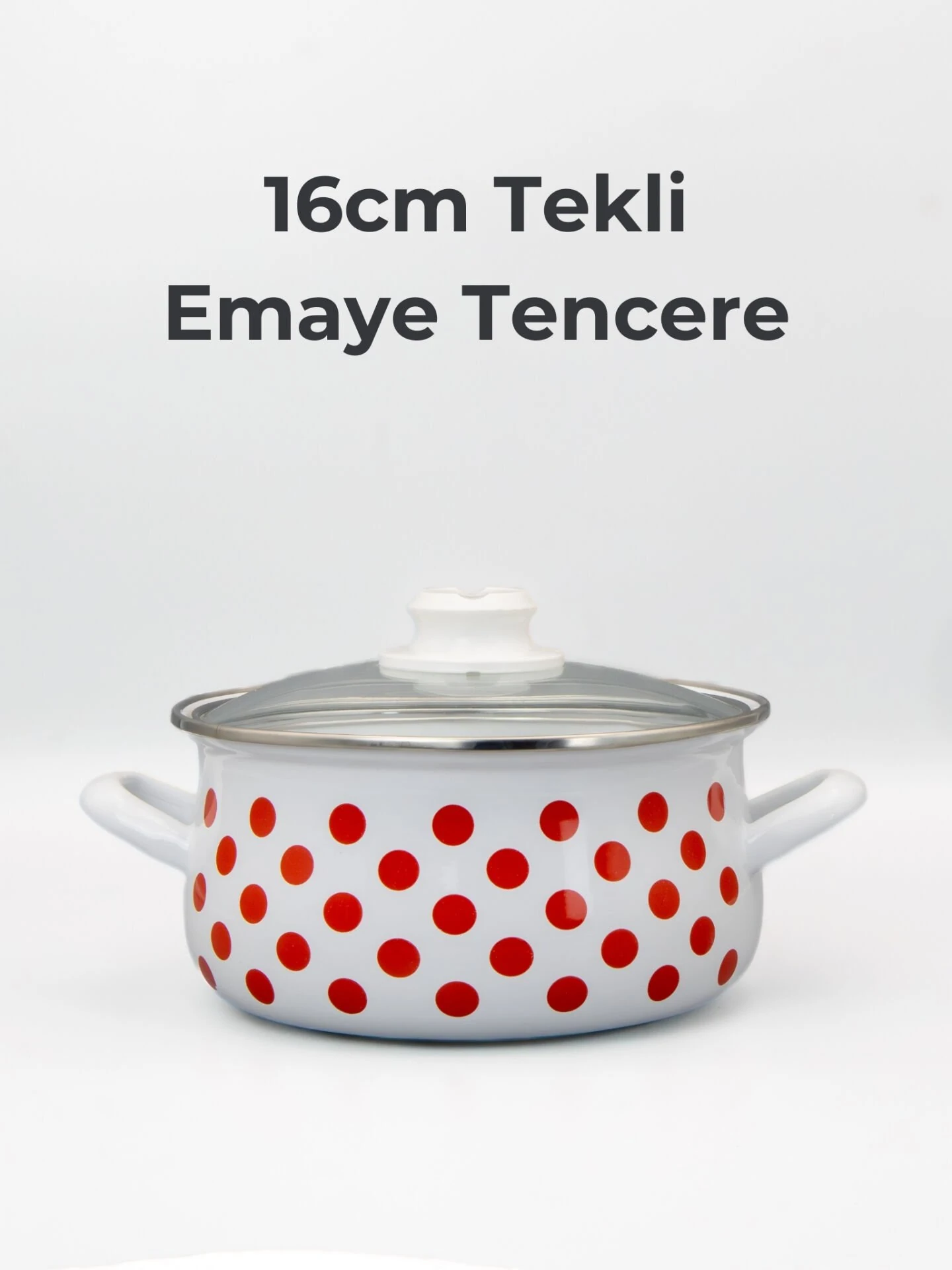 16cm Puantiye Dekorlu Tekli Cam Kapaklı Emaye Güveç Tencere