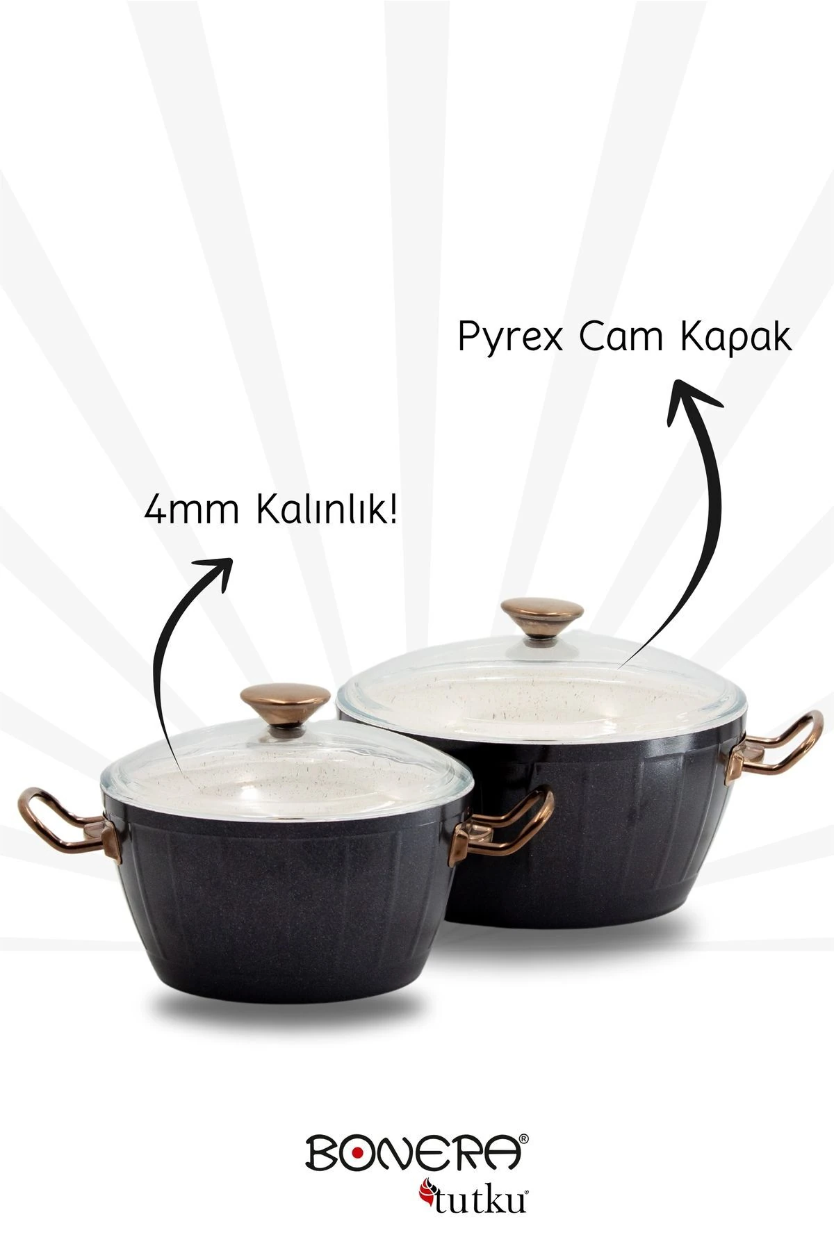 Florenza 7 Parça Dışı Siyah & Içi Beyaz Rose Gold Kulp Detaylı Tencere & Tava Seti