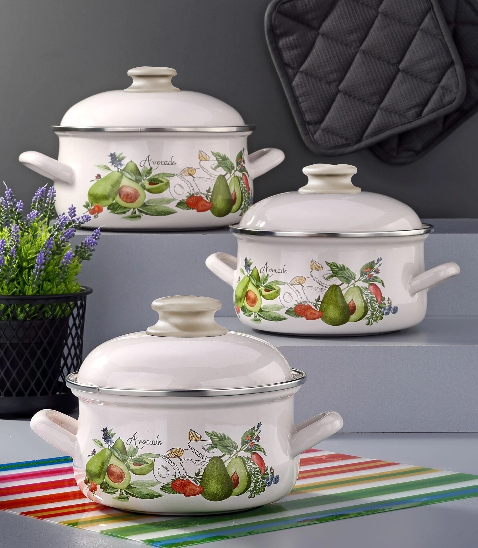 Emaye 6 Parça Krem Set Emaye Kapaklı - Avokado Dekor