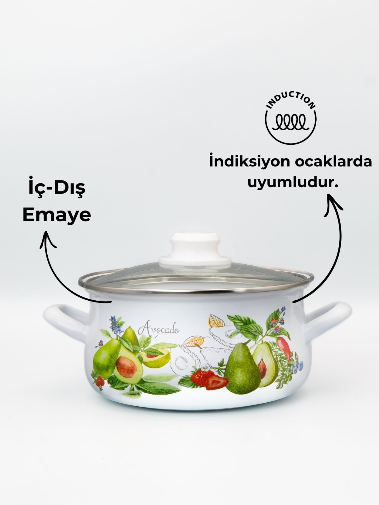 Bonera 16cm Avokado Desenli Tekli Cam Kapaklı Emaye Güveç Tencere
