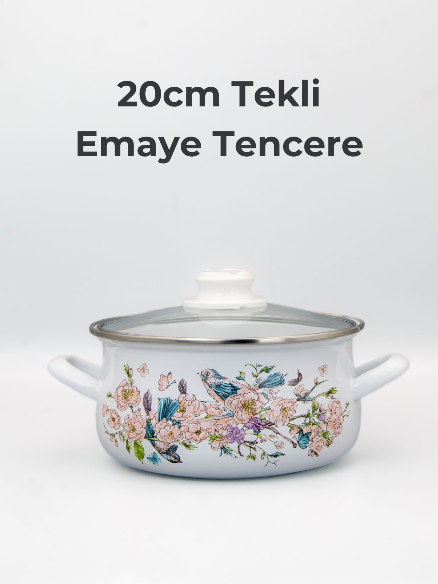 Bonera 20cm Kuş Desenli Tekli Cam Kapaklı Emaye Güveç Tencere