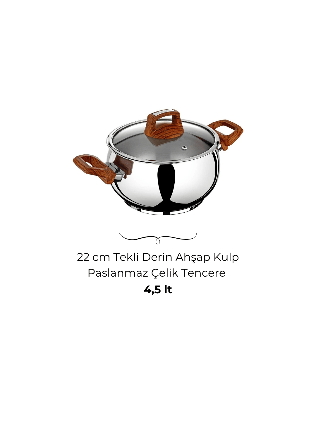 Bonera Lale 22cm Tekli Derin Ahşap Kulplu Paslanmaz Çelik Tencere
