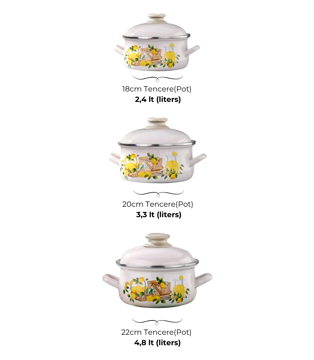 Emaye 6 Parça Krem Set Emaye Kapaklı - Limon Dekor