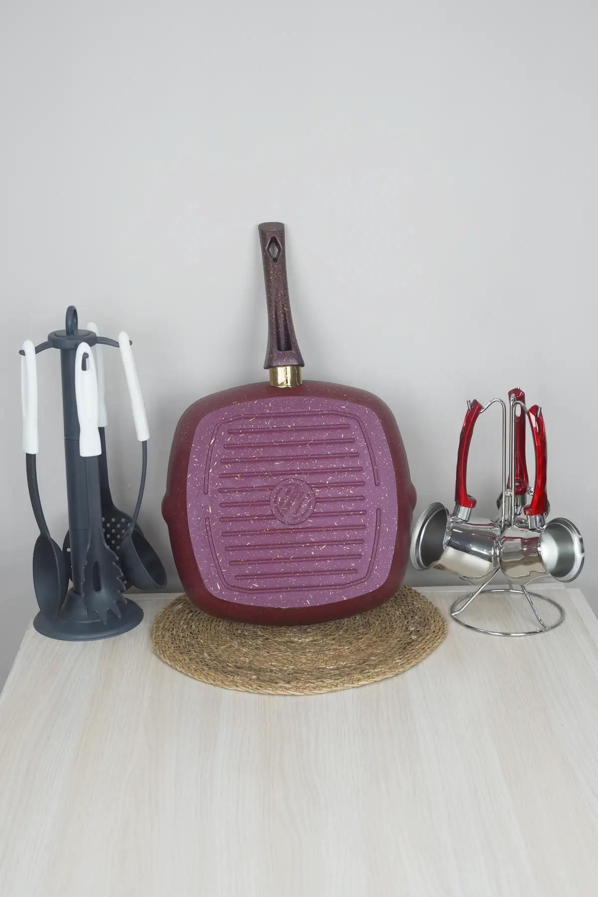 Bonera Granit 28cm Izgara Grill Tava - Eflatun Gold Kırçıl