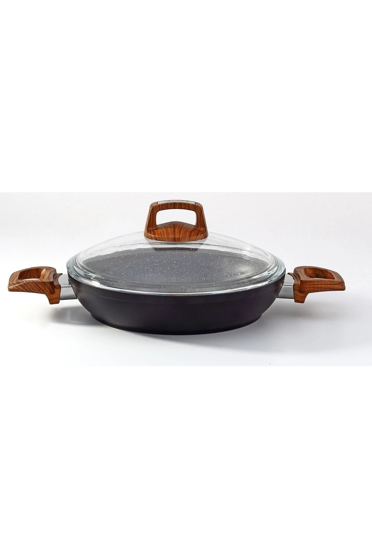 Ahşap Desenli Bakalit Kulplu Cam Kapaklı Vogue Granit Omlet Tava