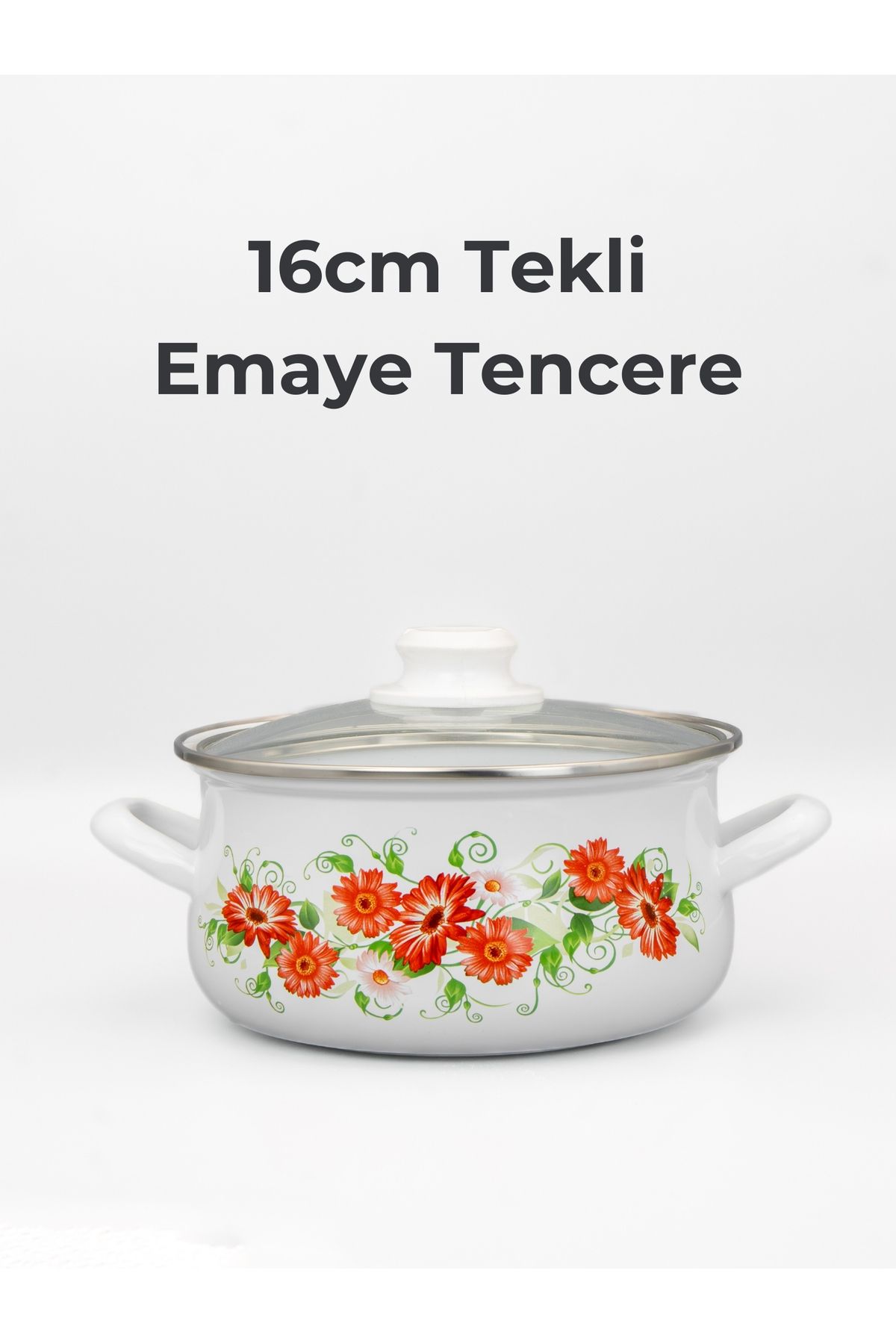 16cm Çiçek Desenli Tekli Cam Kapaklı Emaye Güveç Tencere