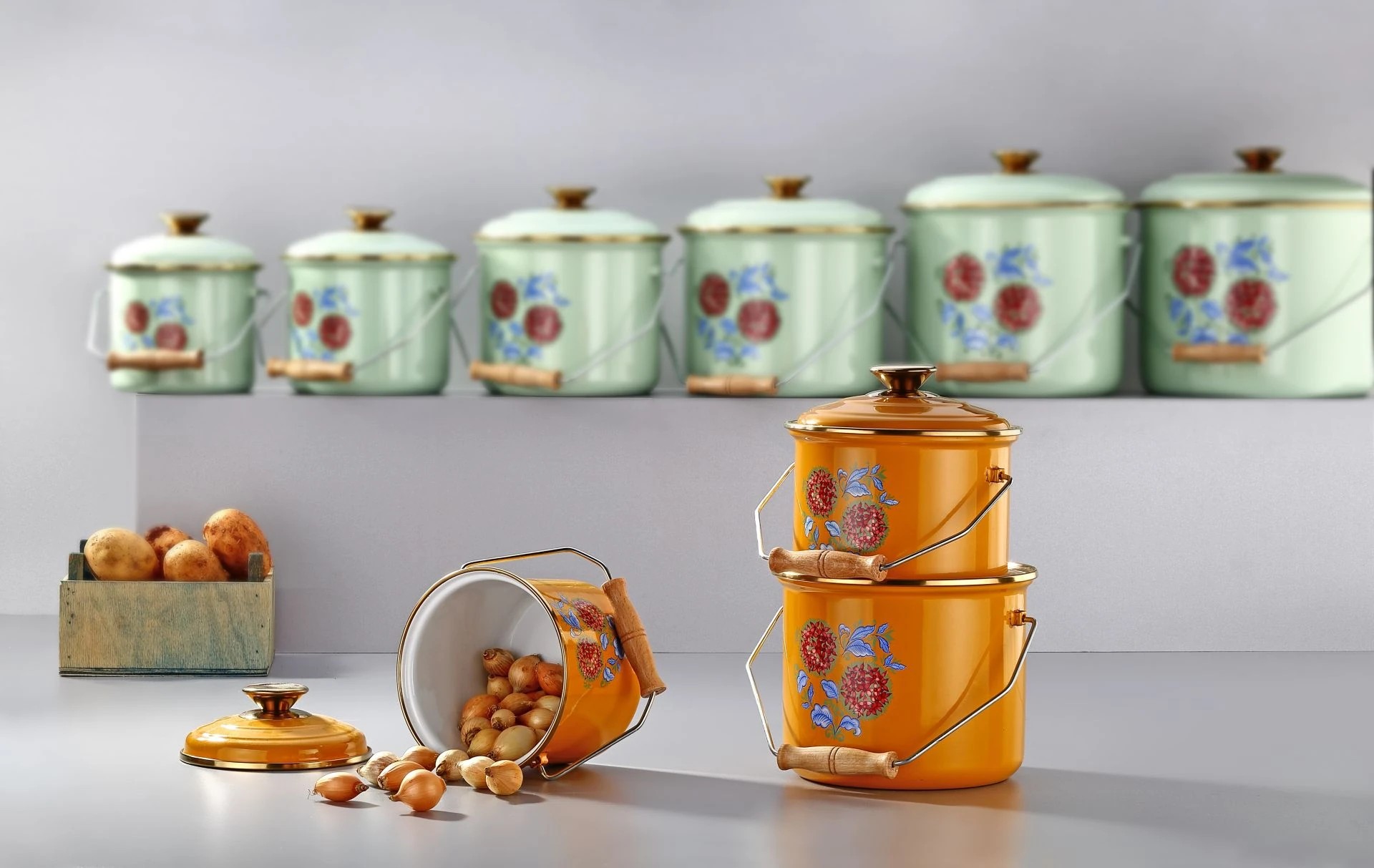 Emaye 3'lü Hardal Sarısı Bakraç Set, 14-16-18cm Yoğurt Mayalama Seti