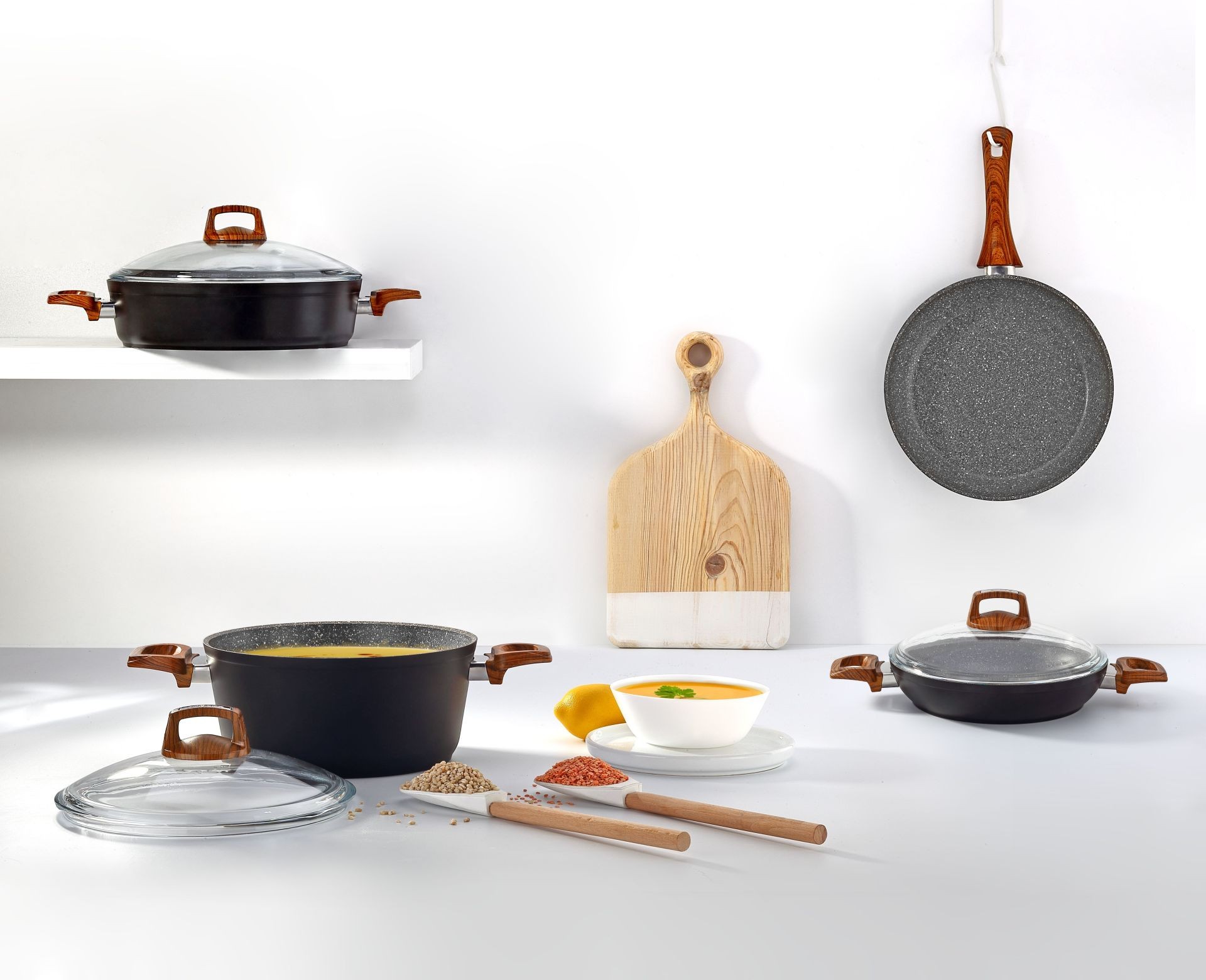 Bonera Vogue 20cm Ahşap Kulp Detaylı Granit Tekli Derin Tencere