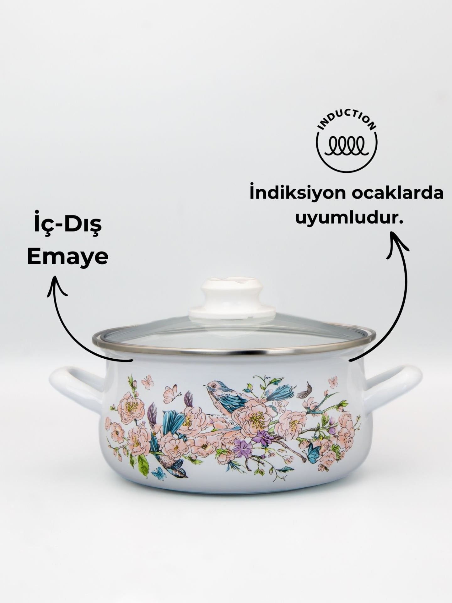Bonera 20cm Kuş Desenli Tekli Cam Kapaklı Emaye Güveç Tencere
