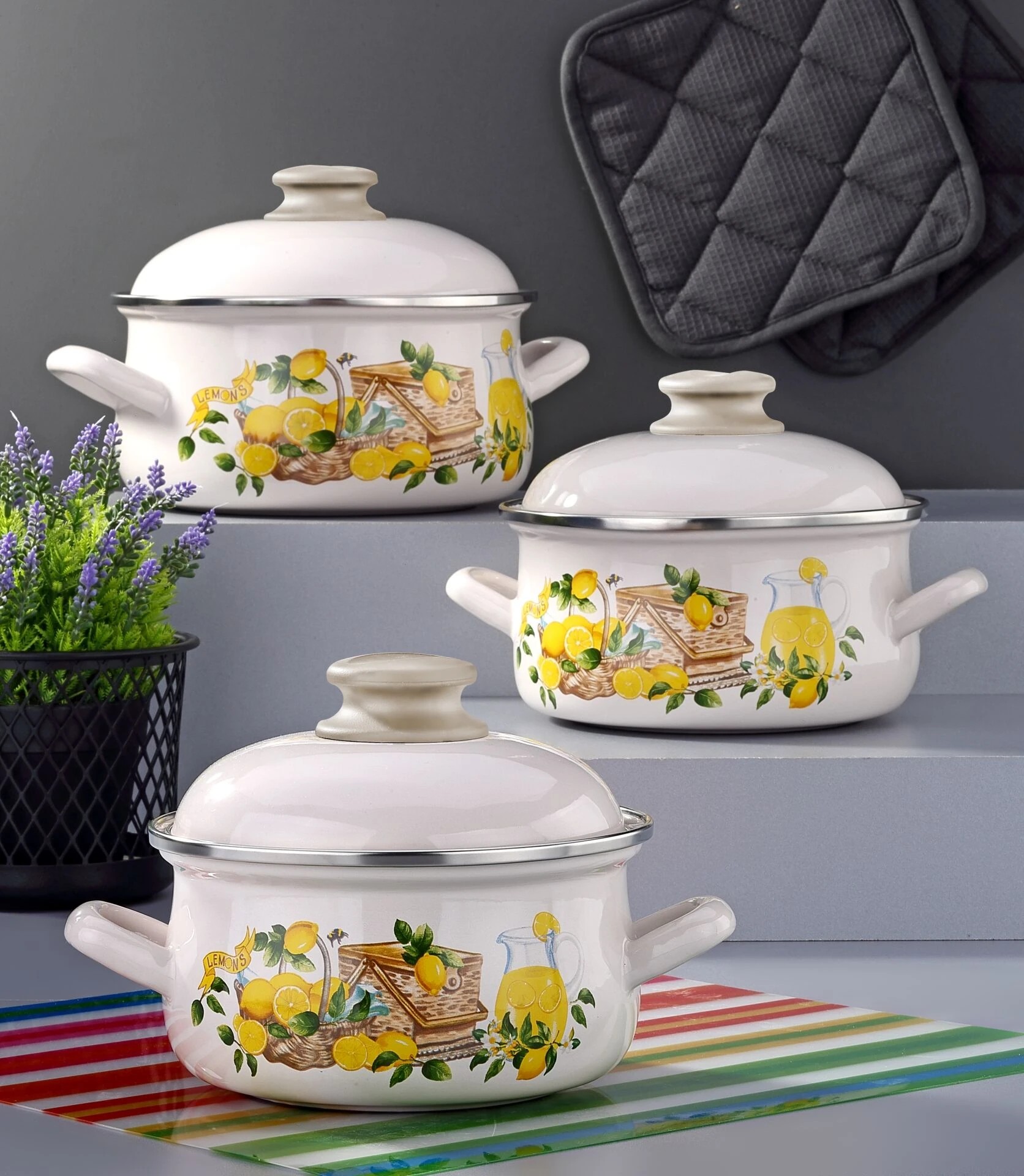 Emaye 6 Parça Krem Set Emaye Kapaklı - Limon Dekor