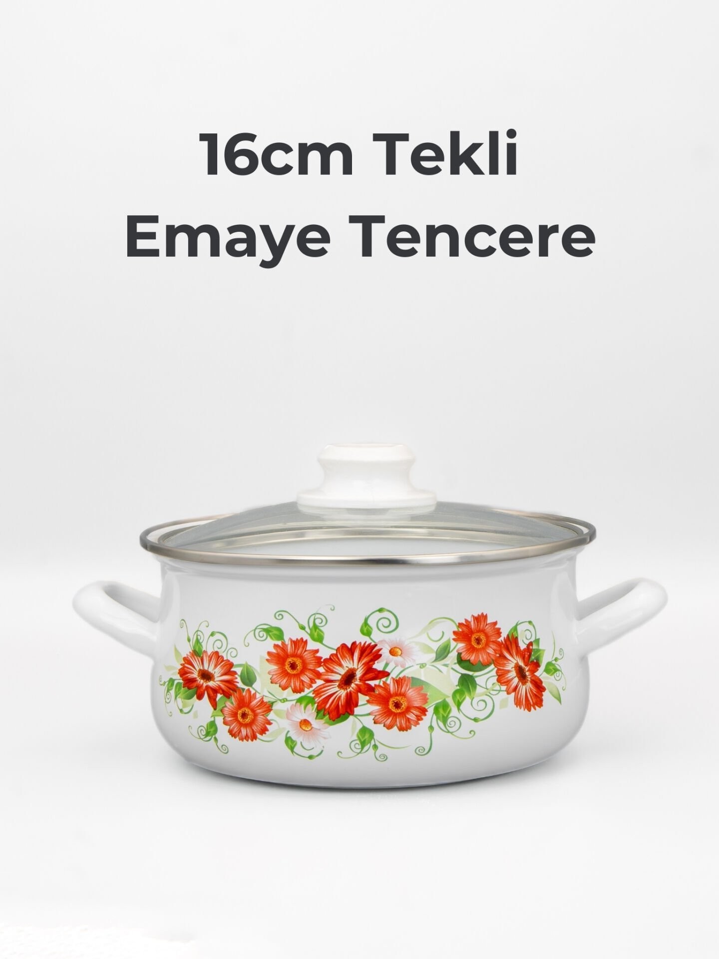 Bonera 16cm Çiçek Desenli Tekli Cam Kapaklı Emaye Güveç Tencere