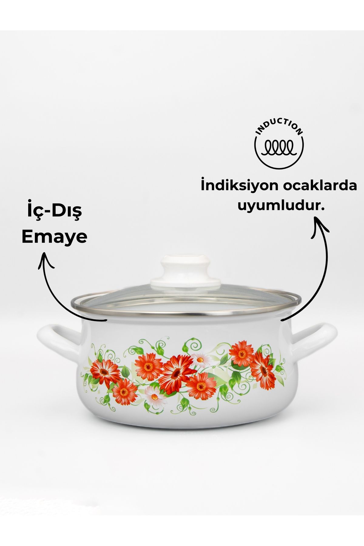 16cm Çiçek Desenli Tekli Cam Kapaklı Emaye Güveç Tencere