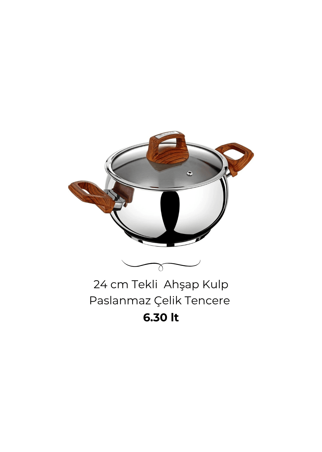 Bonera Lale 24cm Tekli Ahşap Kulplu Paslanmaz Çelik Tencere