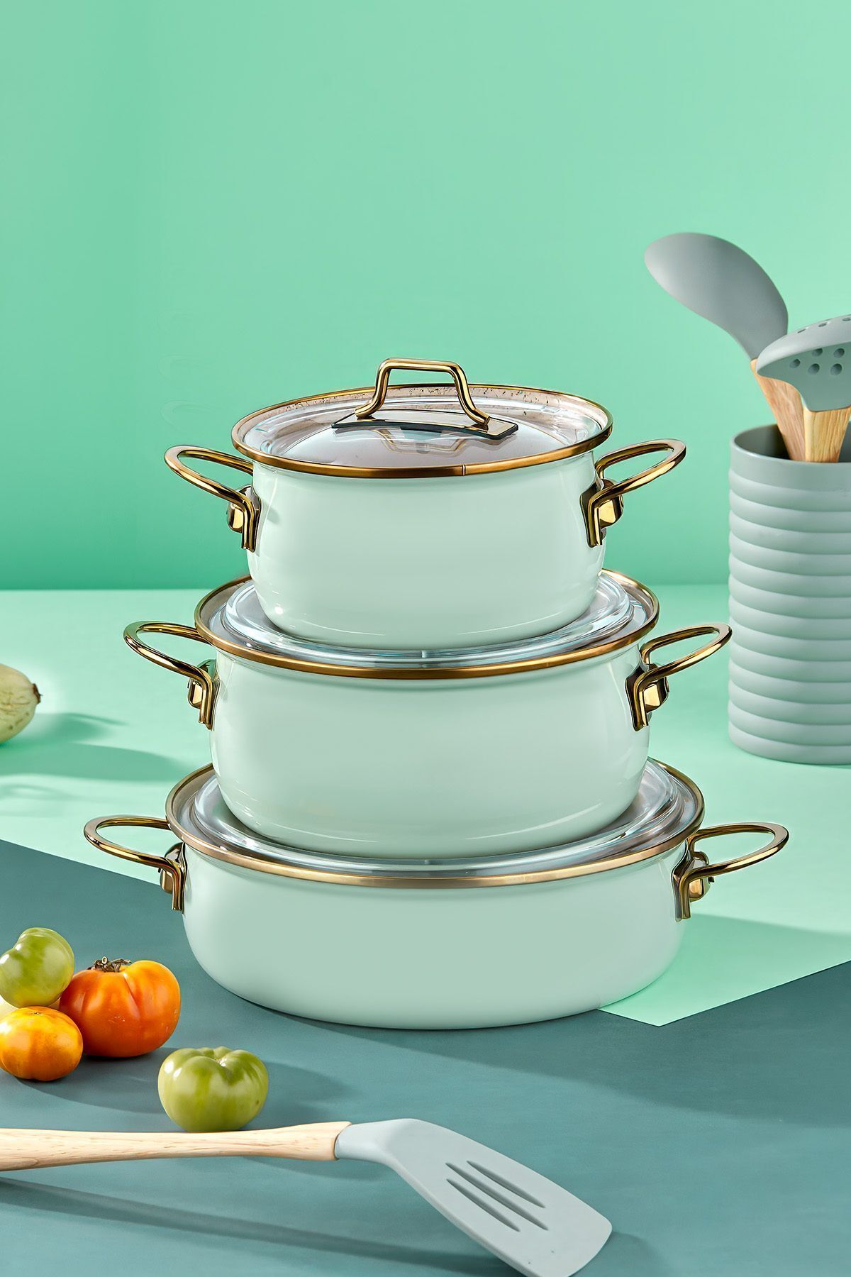 Emaye Vintage Güveç 6 Pcs Ten Seti(16-20 TEN.22 KRY) Su Yeşili