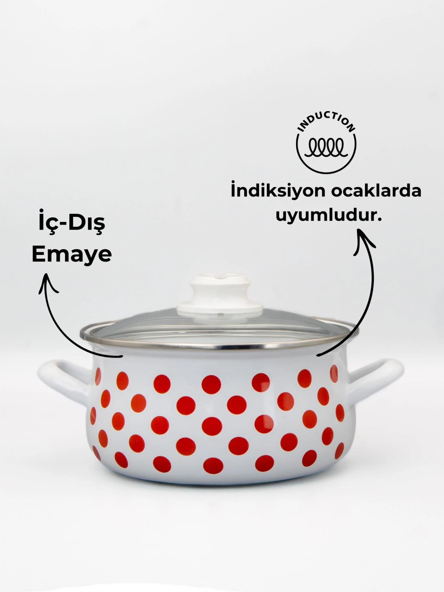 22cm Puantiye Dekorlu Tekli Cam Kapaklı Emaye Güveç Tencere