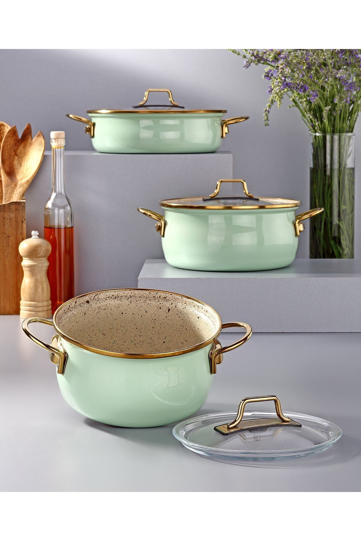 Emaye Vintage Güveç 6 Pcs Ten Seti(16-20 TEN.22 KRY) Su Yeşili