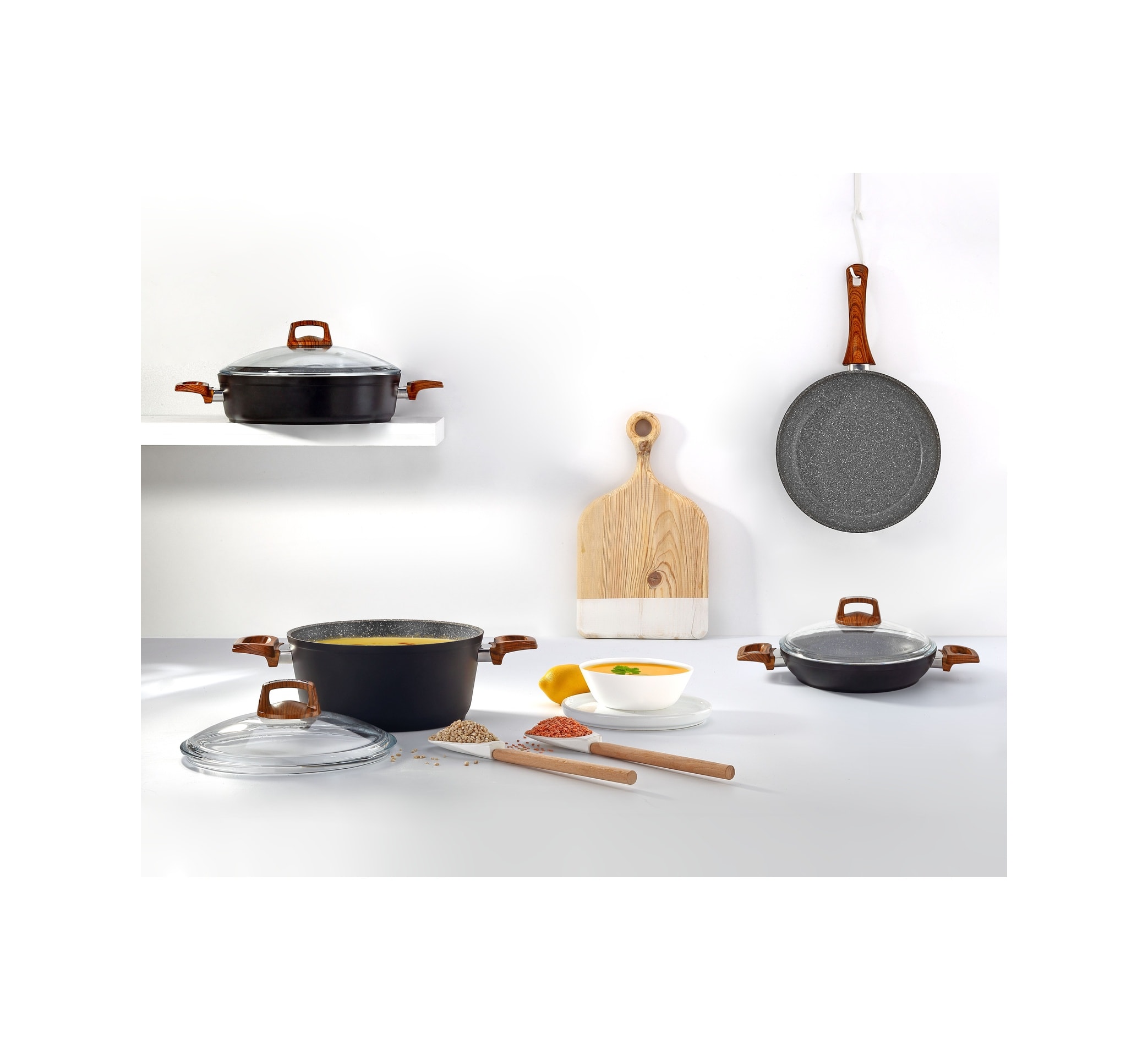 Bonera Vogue 20cm Ahşap Kulp Detaylı Granit Tekli Derin Tencere