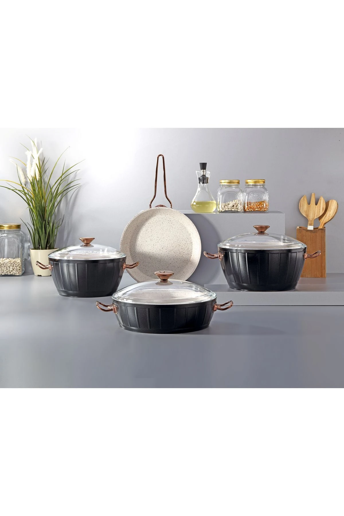 Florenza 7 Parça Dışı Siyah & Içi Beyaz Rose Gold Kulp Detaylı Tencere & Tava Seti