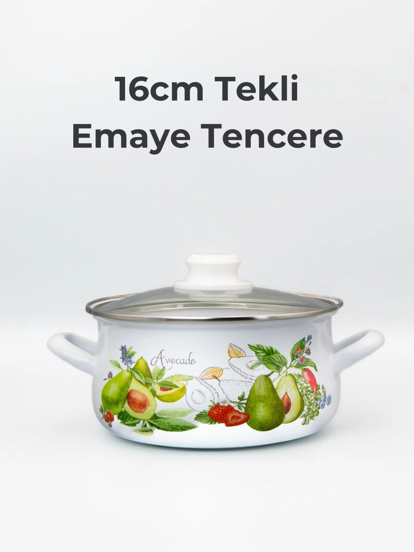 16cm Avokado Desenli Tekli Cam Kapaklı Emaye Güveç Tencere