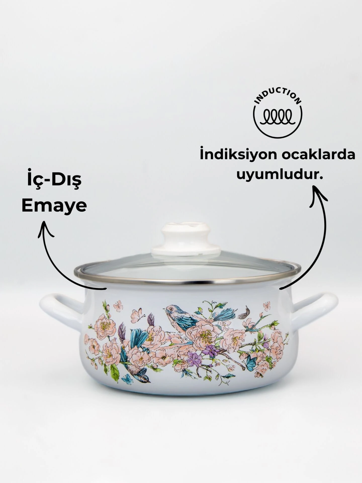 Bonera 22cm Kuş Desenli Tekli Cam Kapaklı Emaye Güveç Tencere