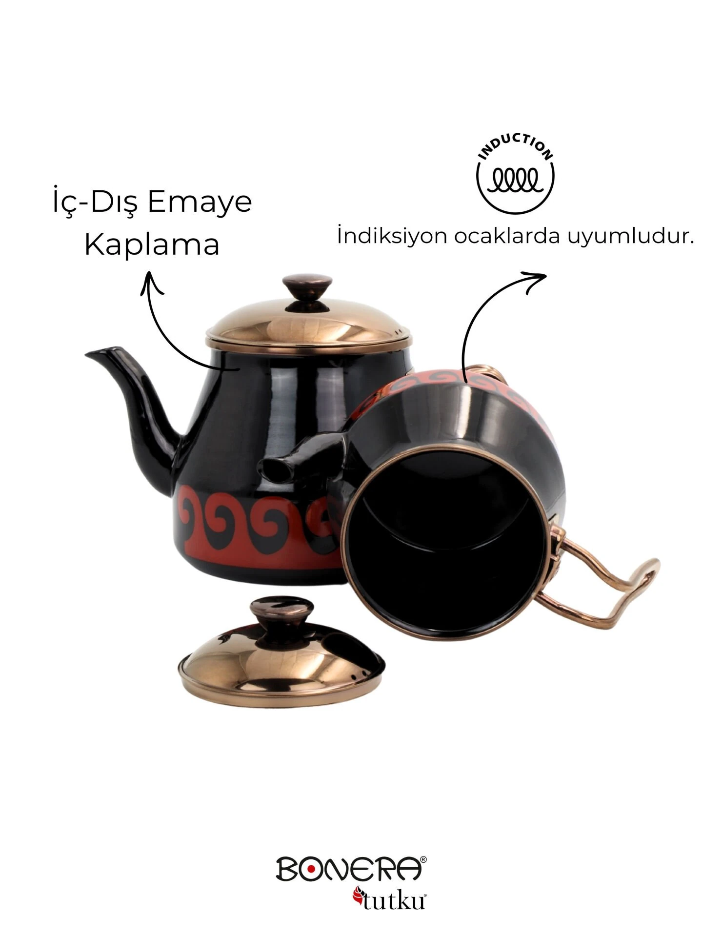 Academia Dekorlu, Gold Kulp Siyah Emaye Çaydanlık Seti