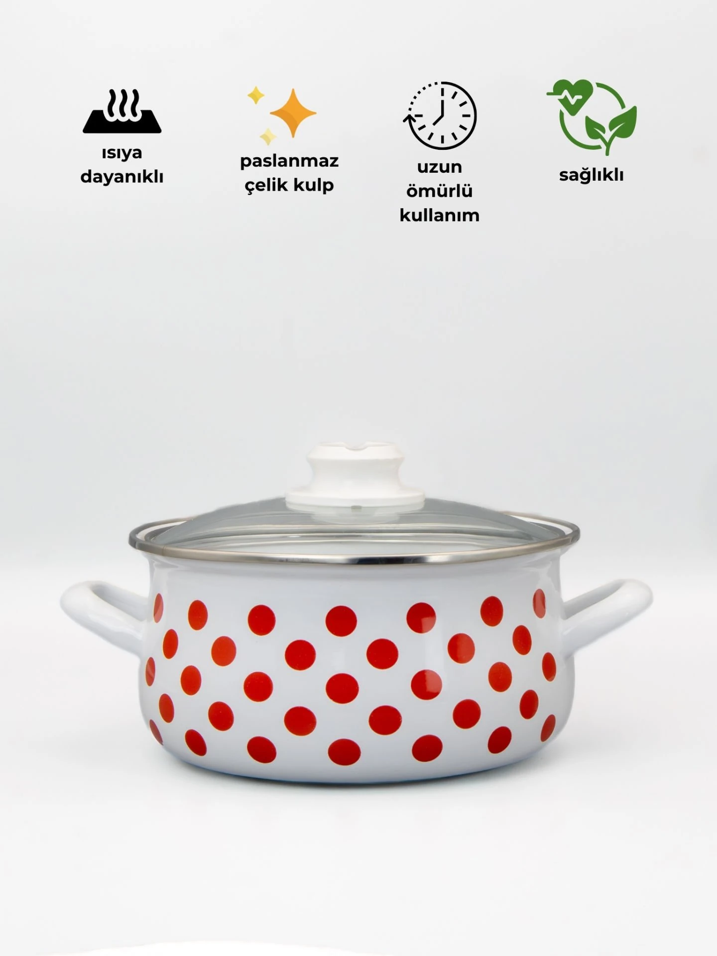 22cm Puantiye Dekorlu Tekli Cam Kapaklı Emaye Güveç Tencere