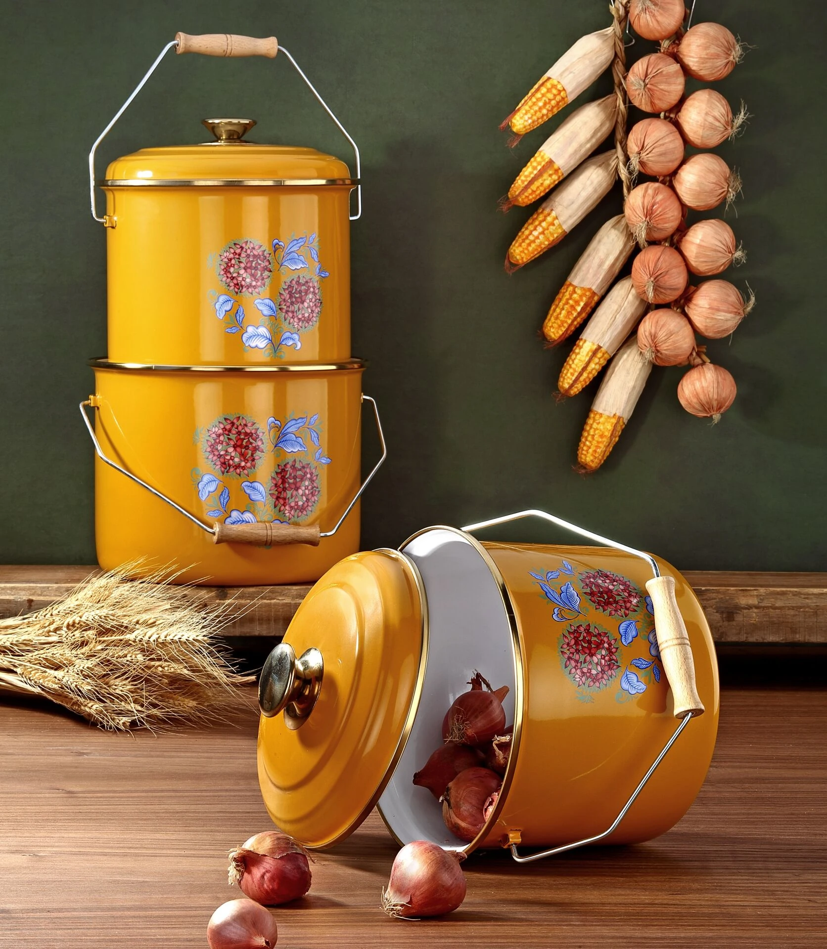 Emaye 3'lü Hardal Sarısı Bakraç Set, 20-22-24cm Yoğurt Mayalama Seti