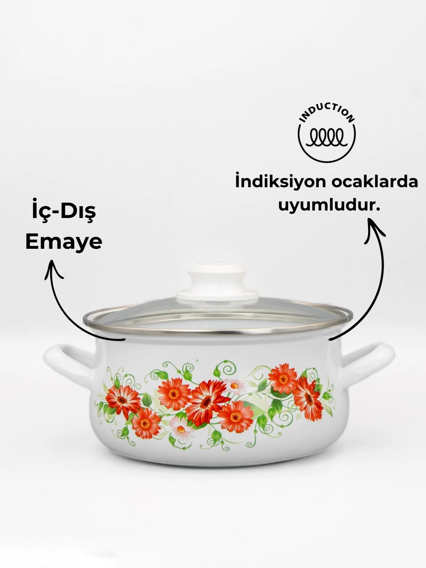 22cm Çiçek Desenli Tekli Cam Kapaklı Emaye Güveç Tencere