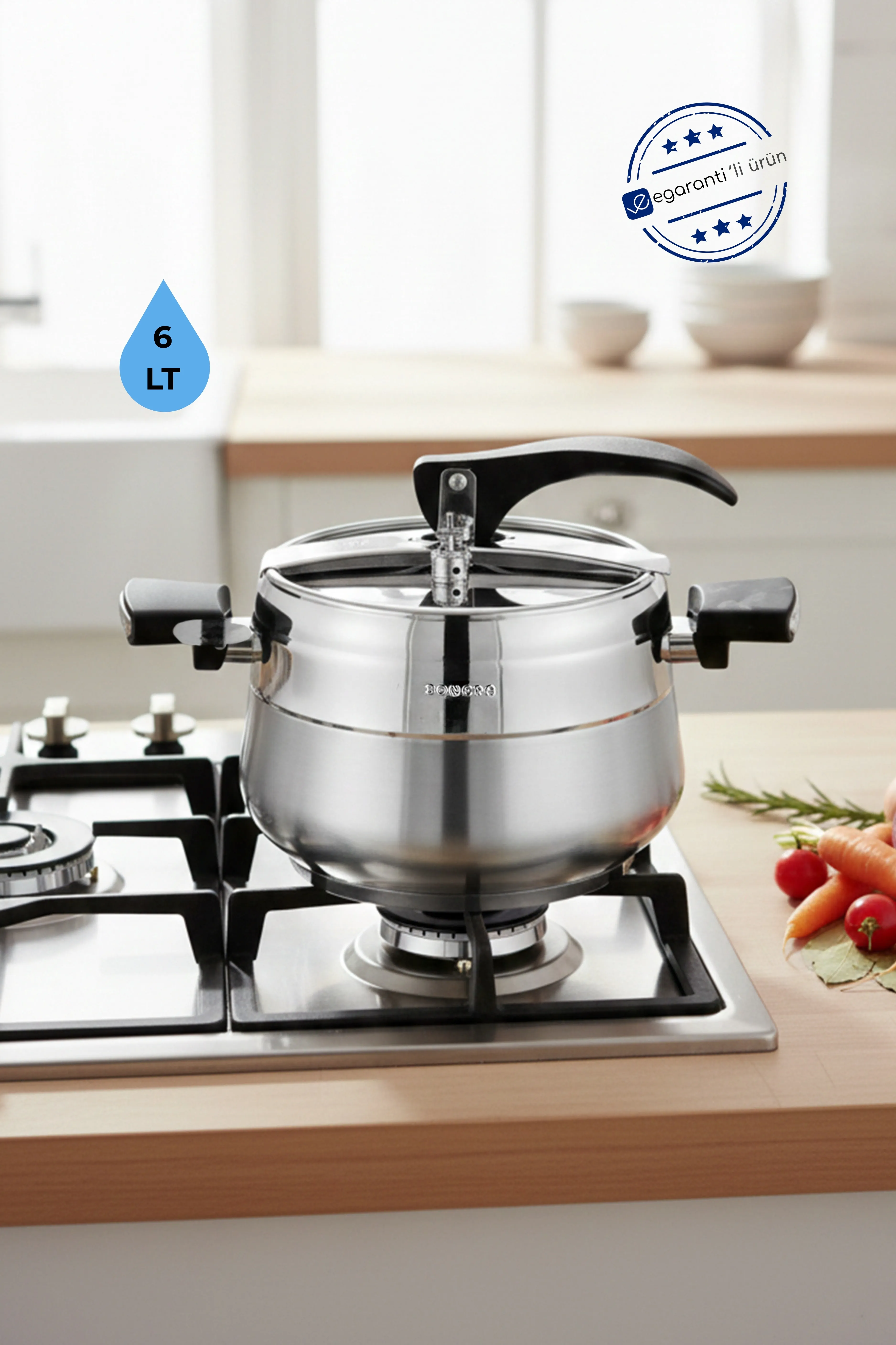 Bonera Special Paslanmaz Çelik Indüksiyon Tabanlı Cam Kapak Hediye 6 Lt Düdüklü Tencere