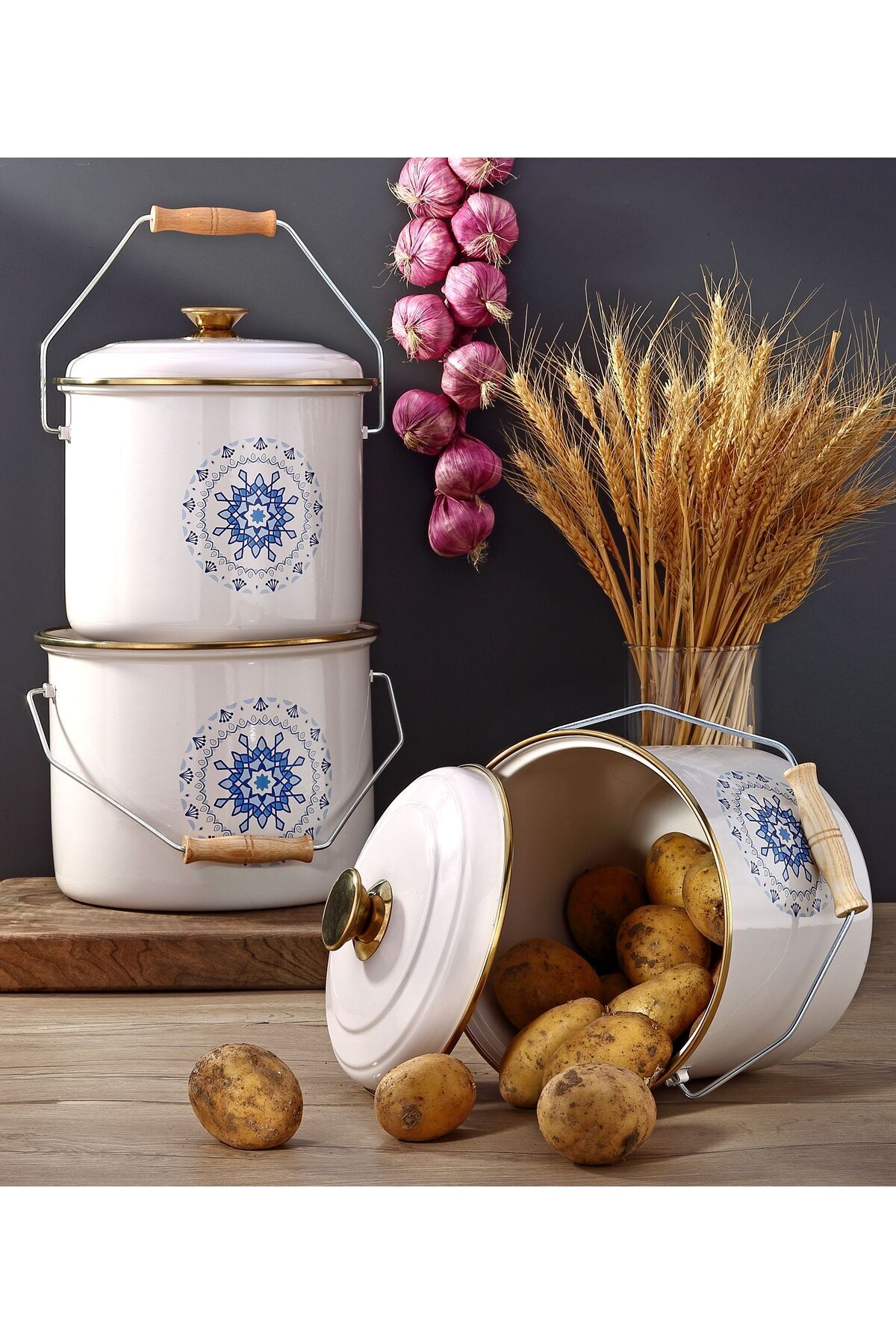 Emaye 3'lü Krem Bakraç Set, 20-22-24 Cm