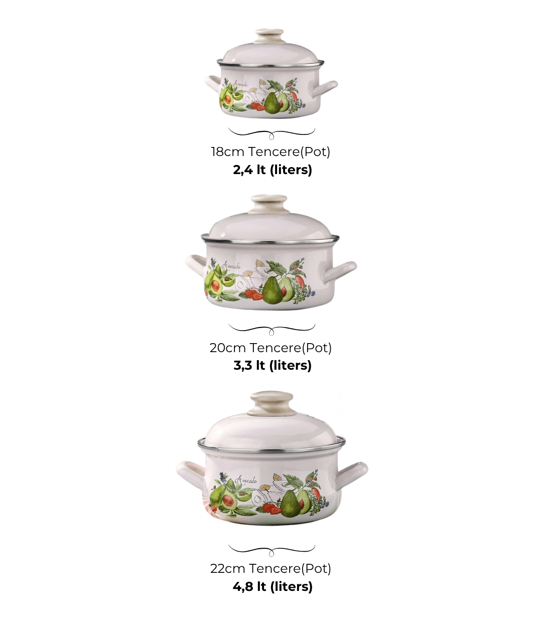 Bonera Emaye 6 Parça Kapaklı Krem Set  - Avokado Dekor