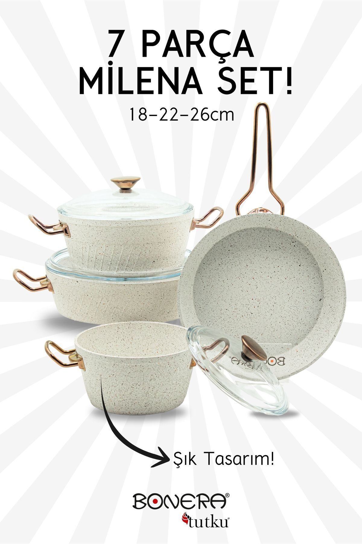 Milena 7 Parça Kar Beyazı Granit - Rose Gold Kulp Detaylı Tencere & Tava Seti