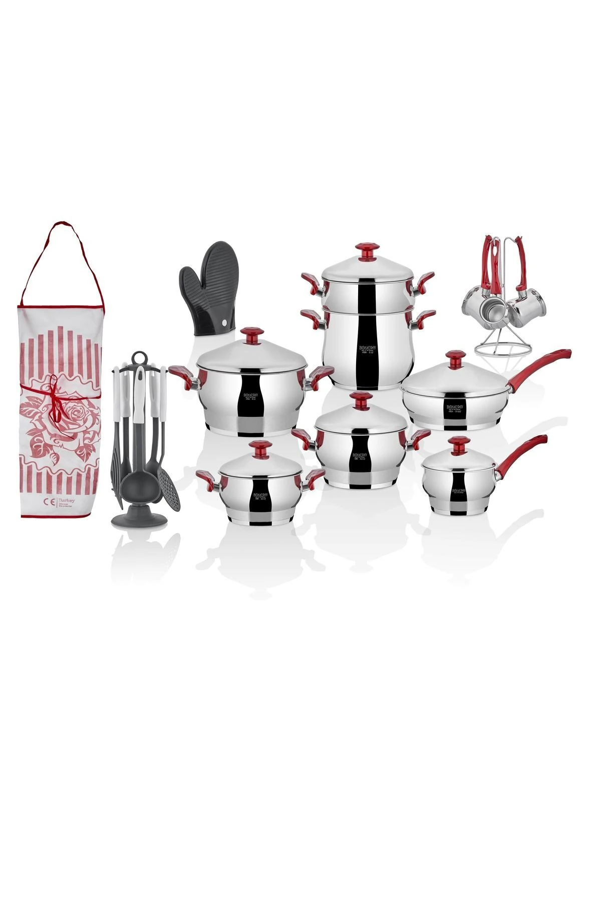 Monza 25 Parça 18/10 Paslanmaz Çelik Tencere Seti- Kırmızı