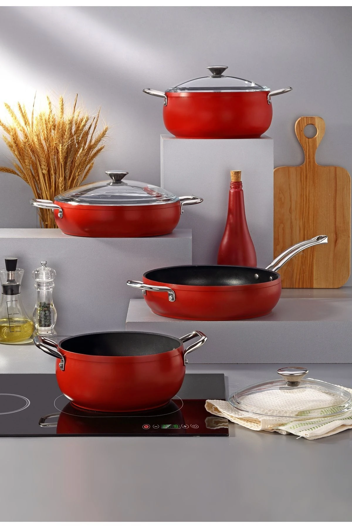 Pro Plus 7 Parça Indüksiyon Tabanlı Kırmızı & Titanyum Set