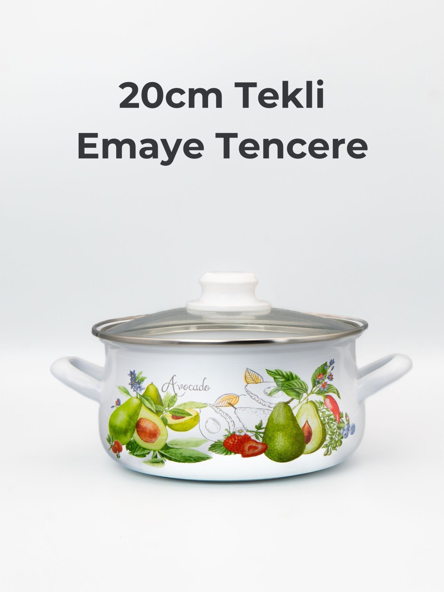Bonera 20cm Avokado Desenli Tekli Cam Kapaklı Emaye Güveç Tencere