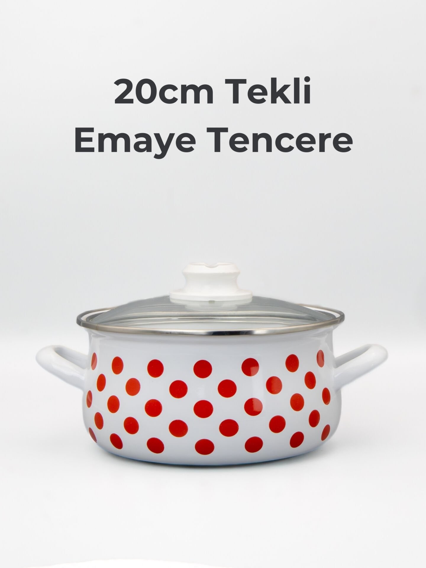 Bonera 20cm Puantiye Dekorlu Tekli Cam Kapaklı Emaye Güveç Tencere