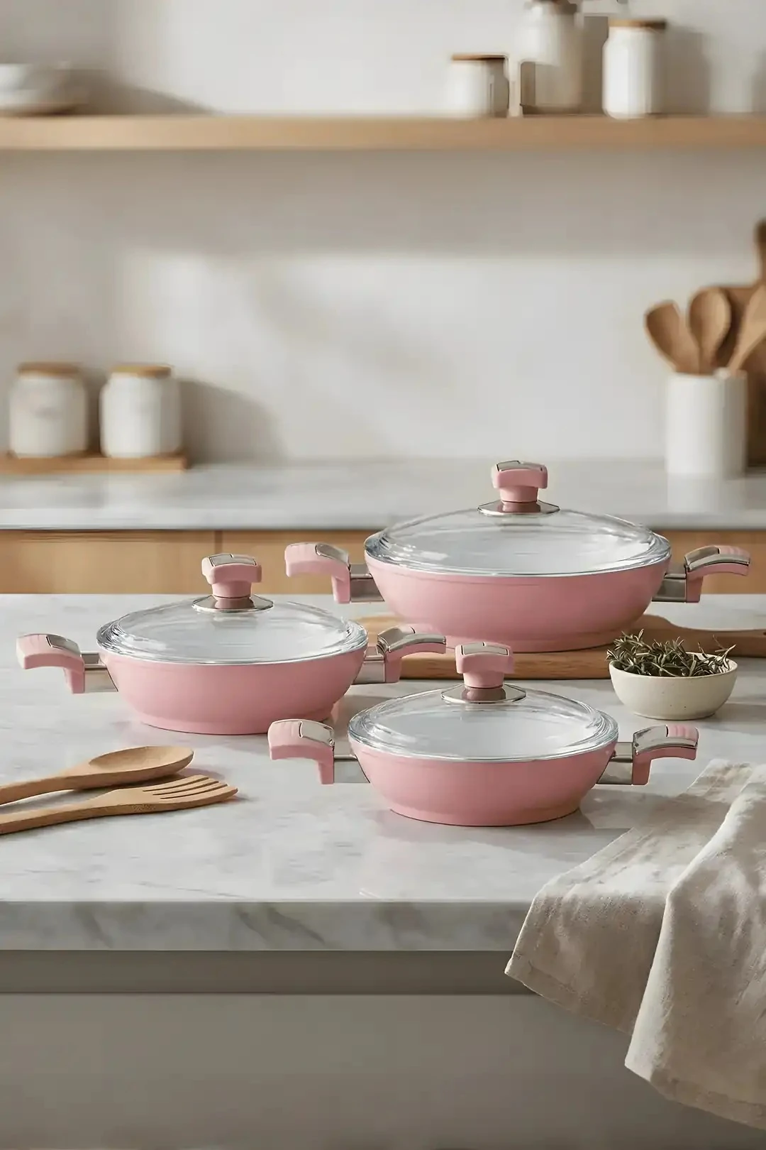Seramik Kaplama Sahan Seti 6 Parça (18-20-22 cm) Pembe - Yumurta