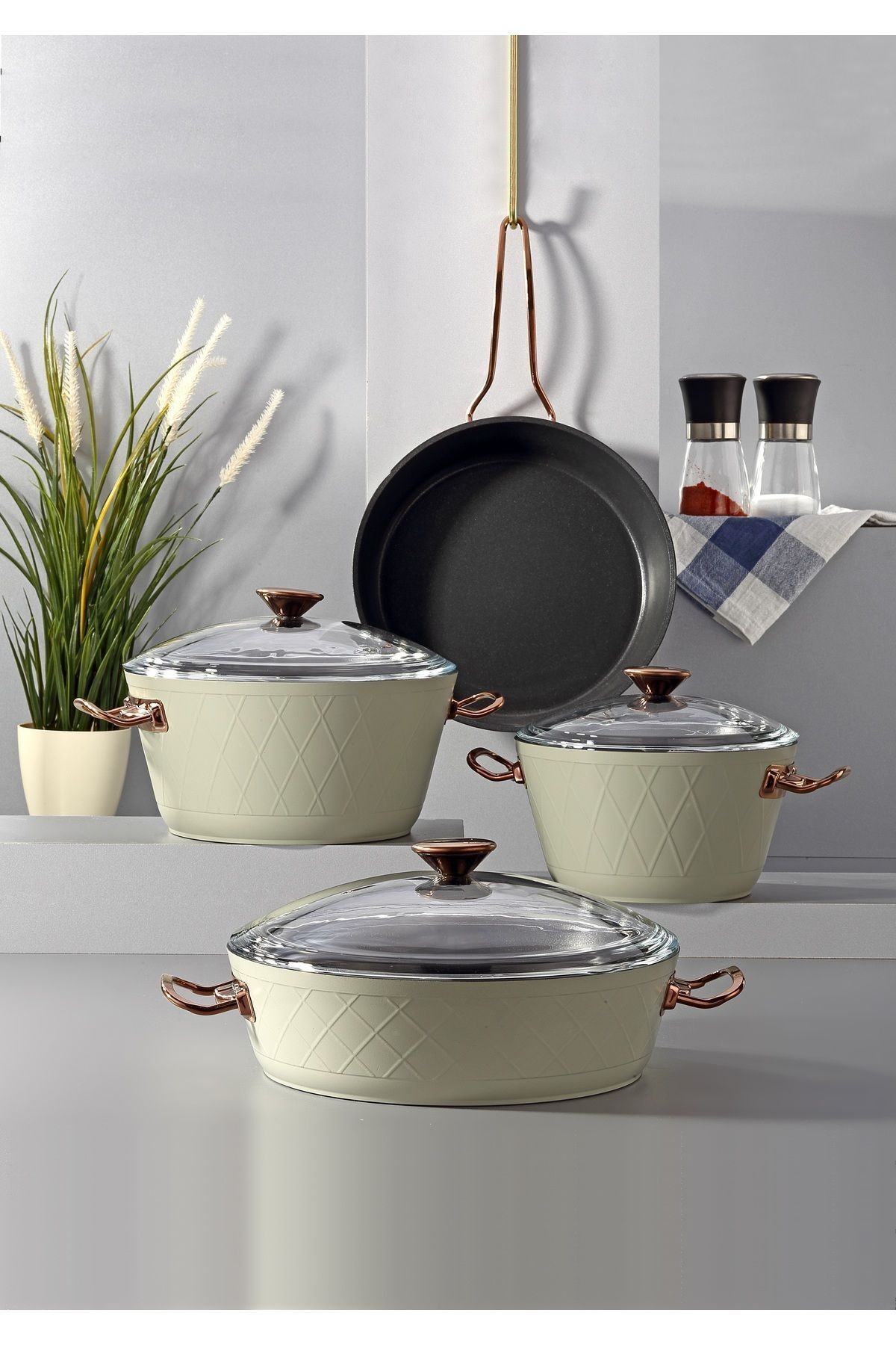 Bonera Di̇ana 7 Parça Keten Gri̇ & Ti̇tanyum Rose Gold Kulp Tencere & Tava Seti