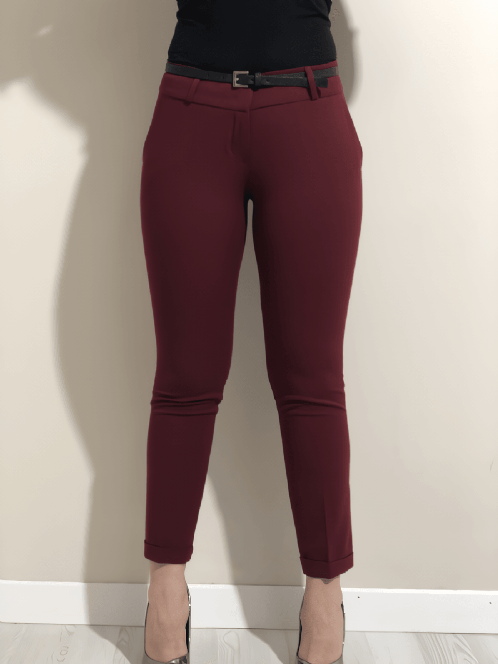 Kadın Ara Bel Duble Paça Bordo Pantolon