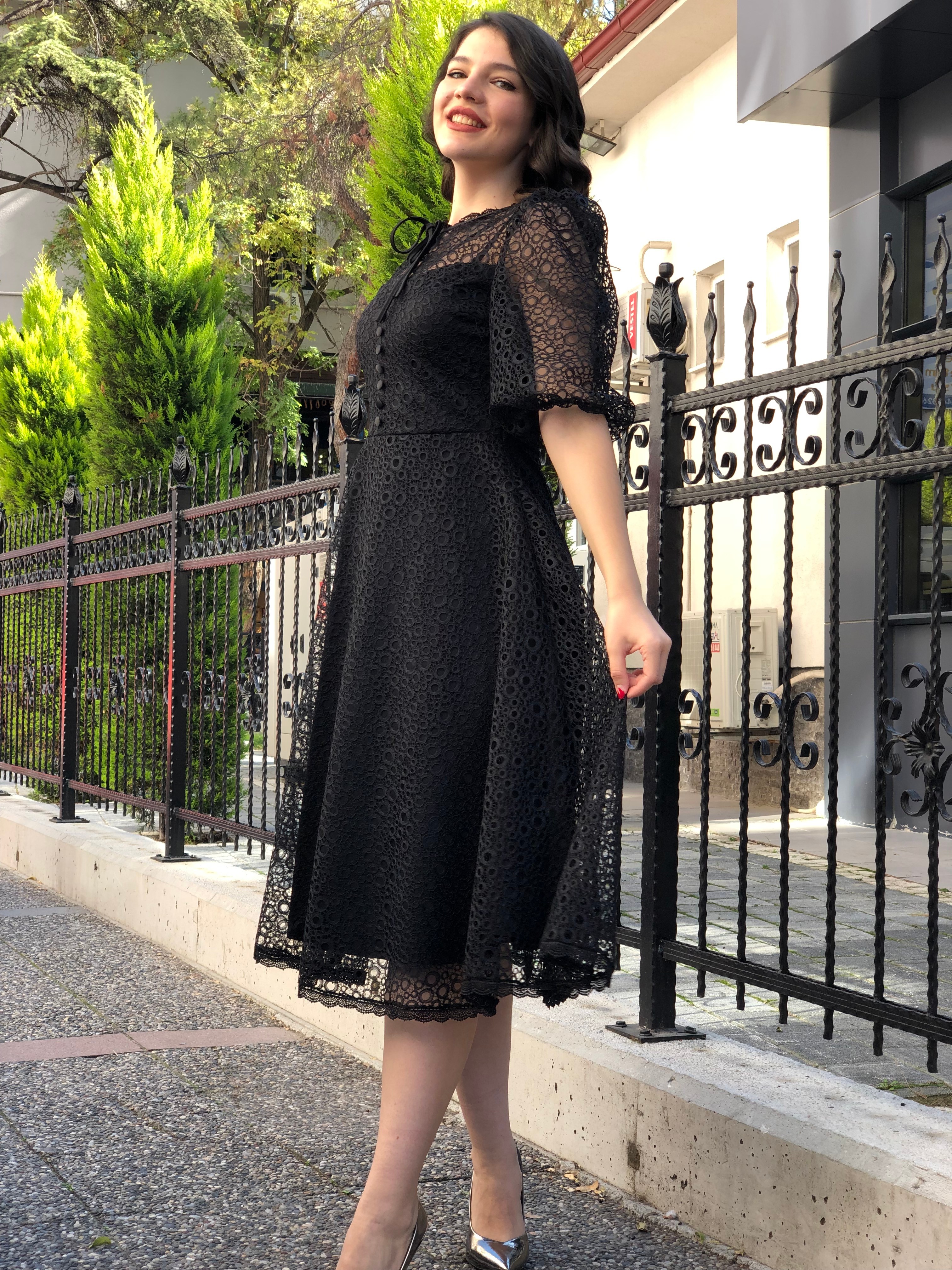 Kadın Güpür Dantel Kemerli Elbise - Siyah