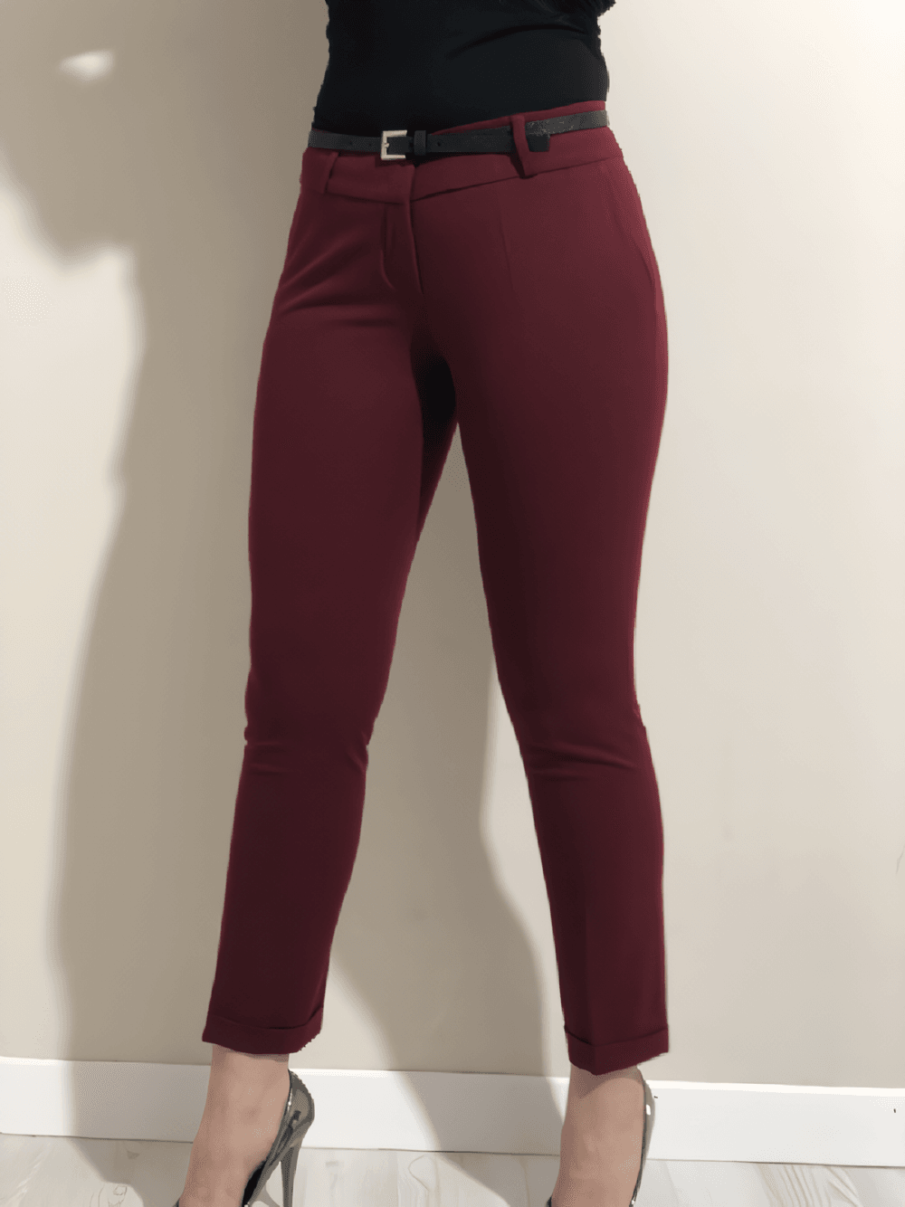 Kadın Ara Bel Duble Paça Bordo Pantolon